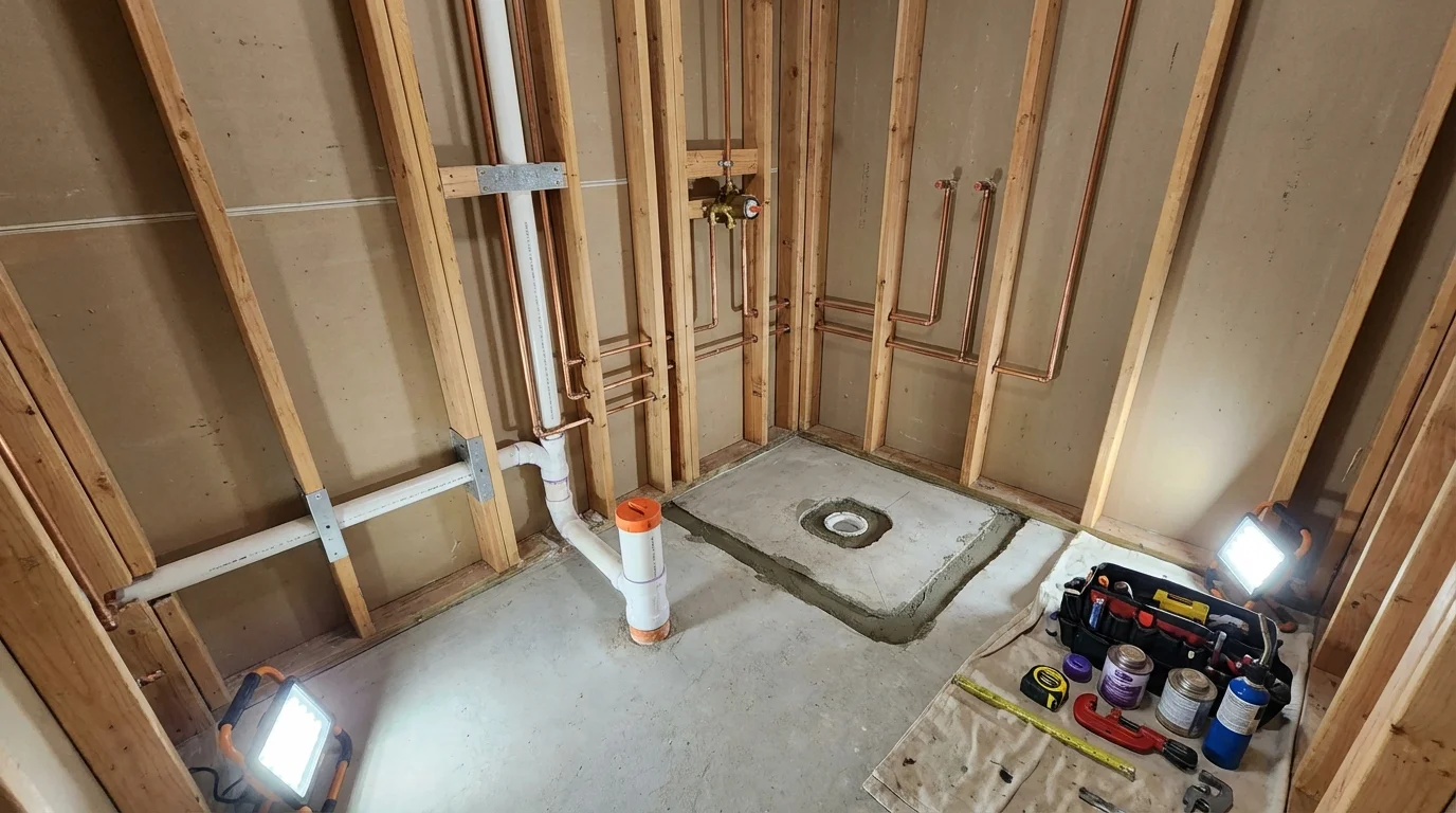Bathroom rough-in plumbing during remodel by Johns Plumbing LLC in Stoughton