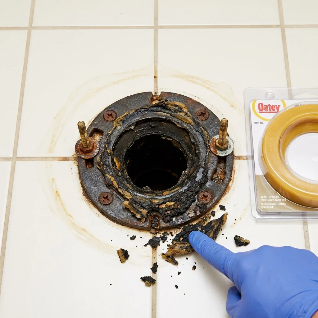 Failed wax ring showing water seepage at the base of a toilet in a Stoughton, MA home
