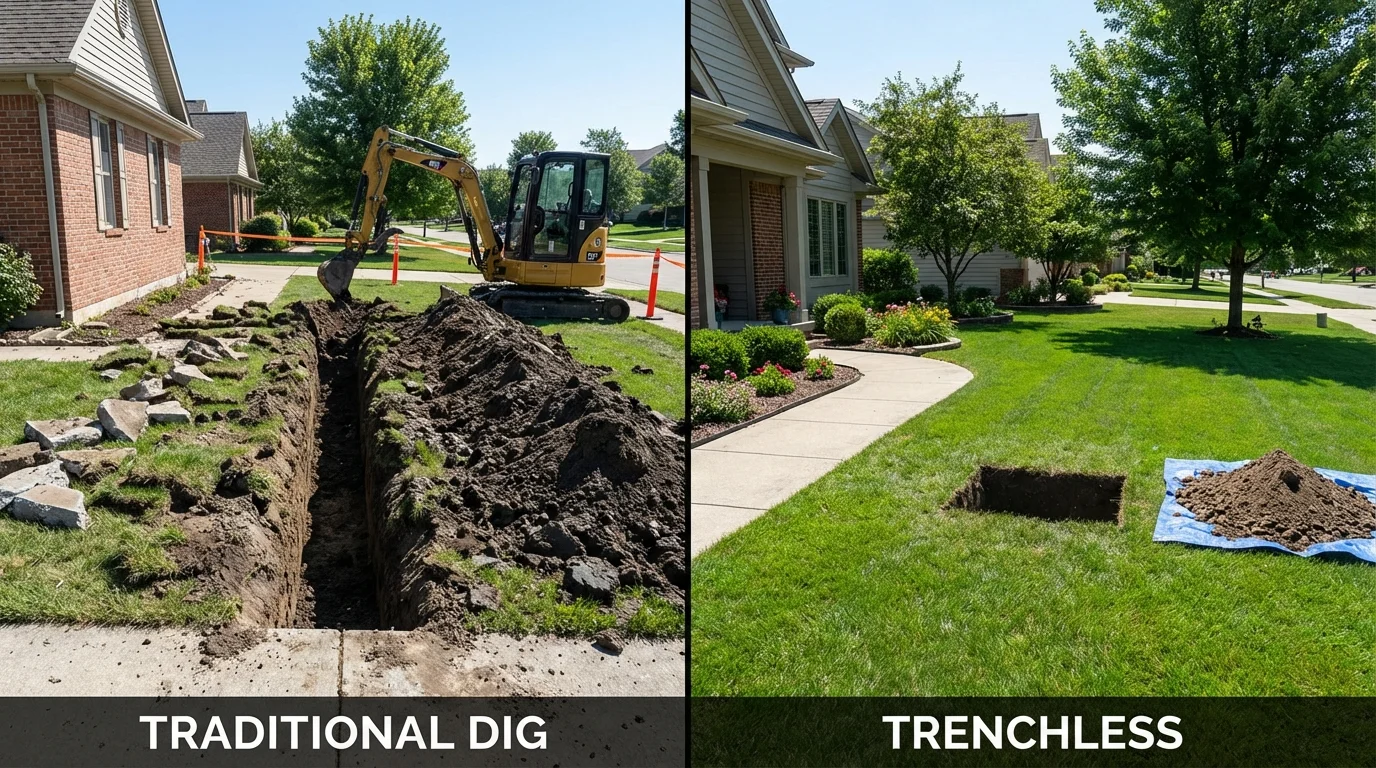 Trenchless sewer repair with minimal yard damage versus traditional excavation in Stoughton, MA