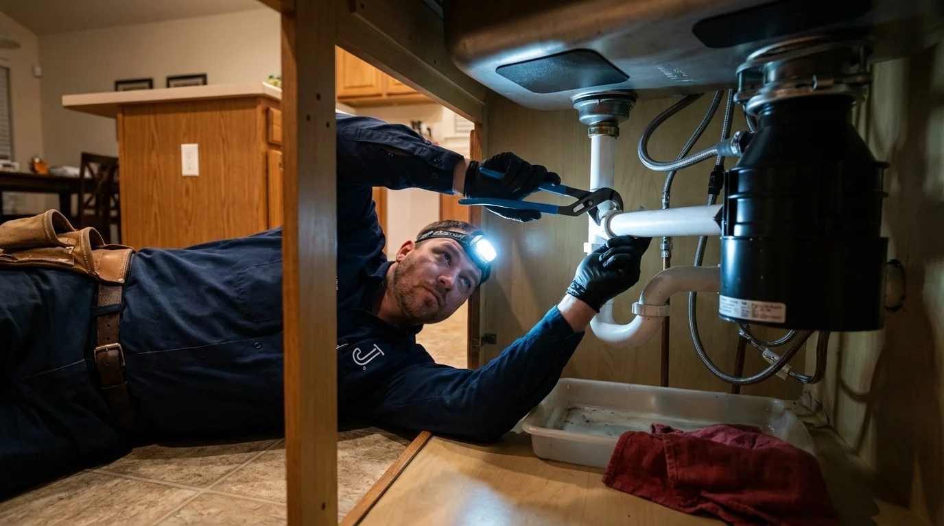 P-trap and supply line connections under a kitchen sink showing a common leak point in Stoughton, MA